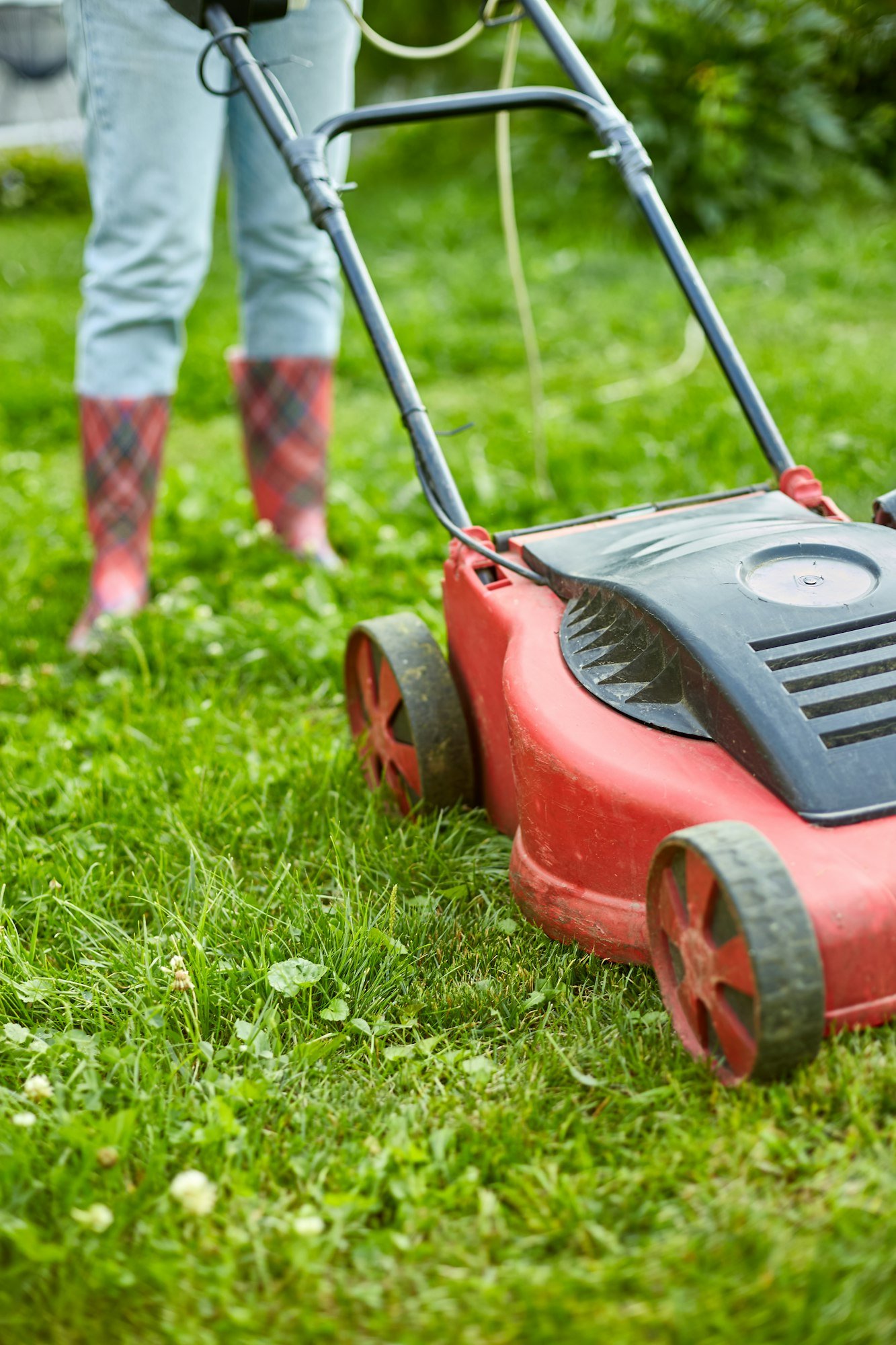 unrecognizable Woman with a lawn mower grass at home garden, gardener woman working